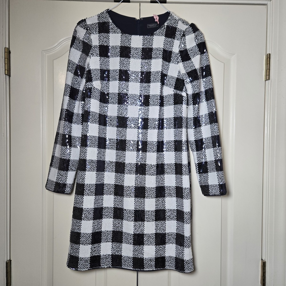 Vineyard Vines Sequin Check Dress‎ Size XS Blue & White  Party Long Sleeve NWT